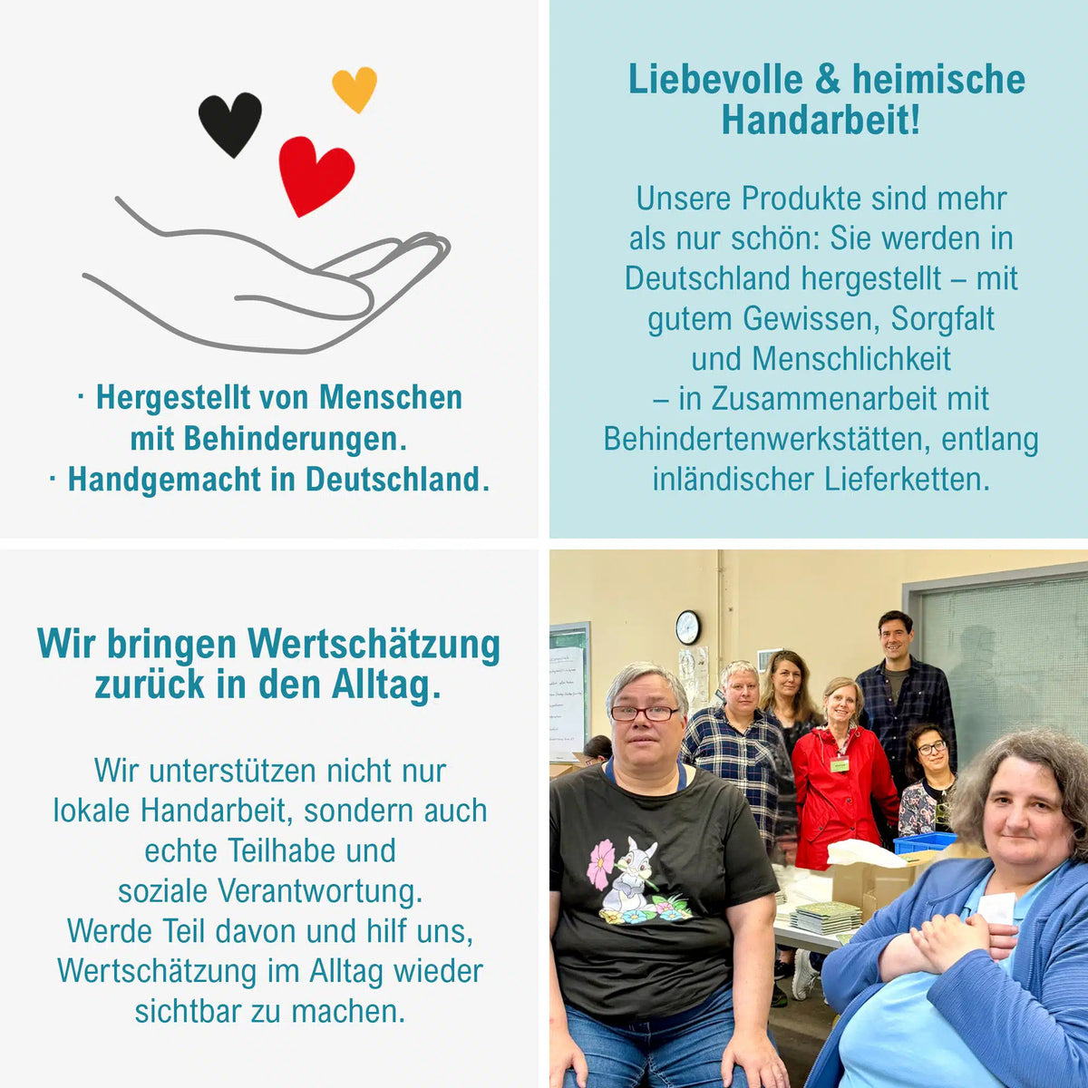 Kollage Made in Germany und Zusammenarbeit mit inklusiven Werkstätten - USPs Ideenverlag-Hamburg