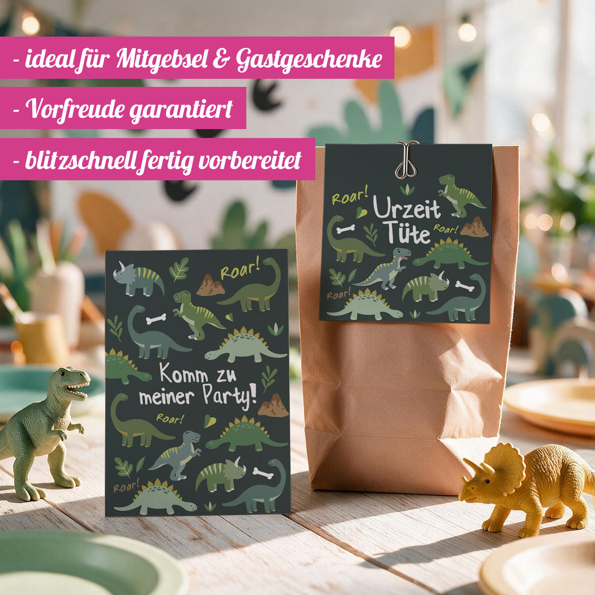 12x "Dinosaurier" Einladungskarten + Partytüten - Set