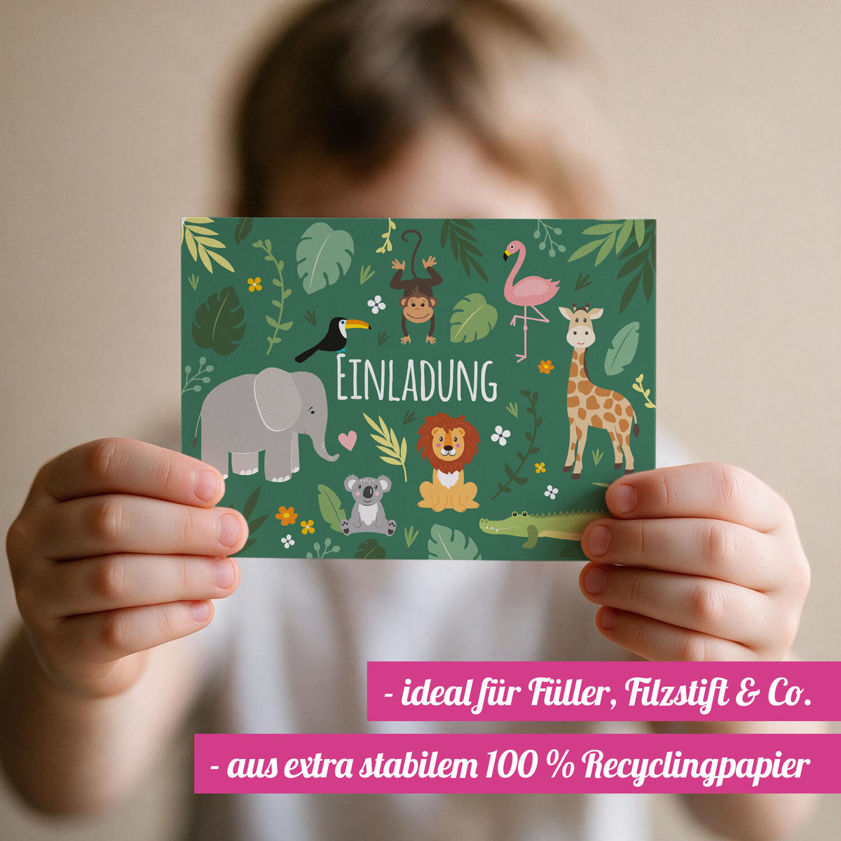 12x "Dschungel / Zoo" Einladungskarten + Partytüten - Set