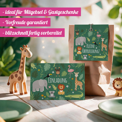 12x "Dschungel / Zoo" Einladungskarten + Partytüten - Set