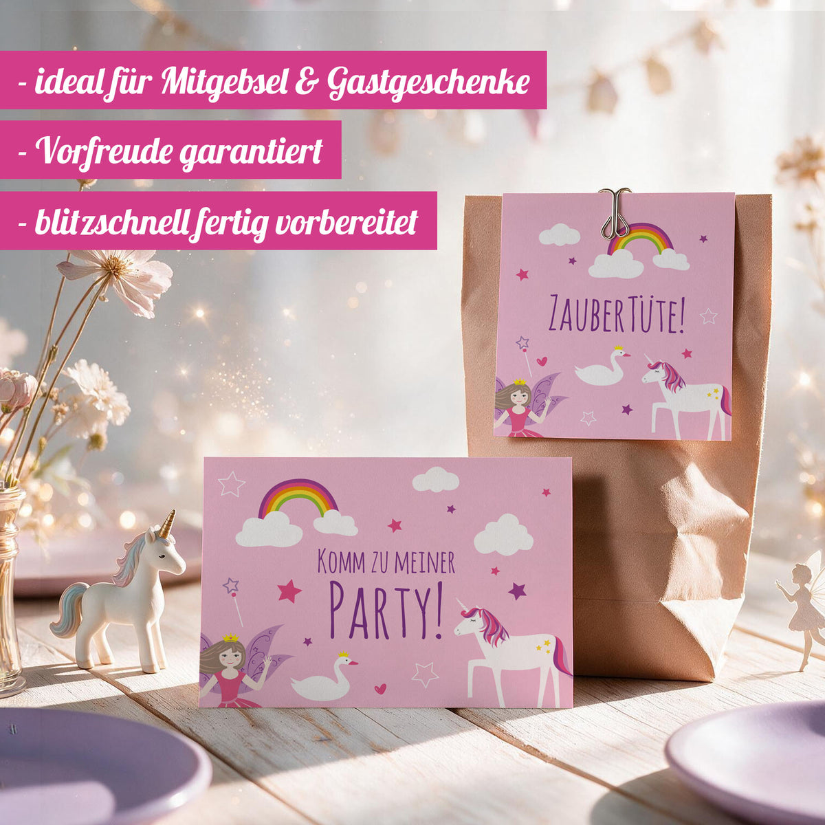 12x "Einhorn / Märchen" Einladungskarten + Partytüten - Set