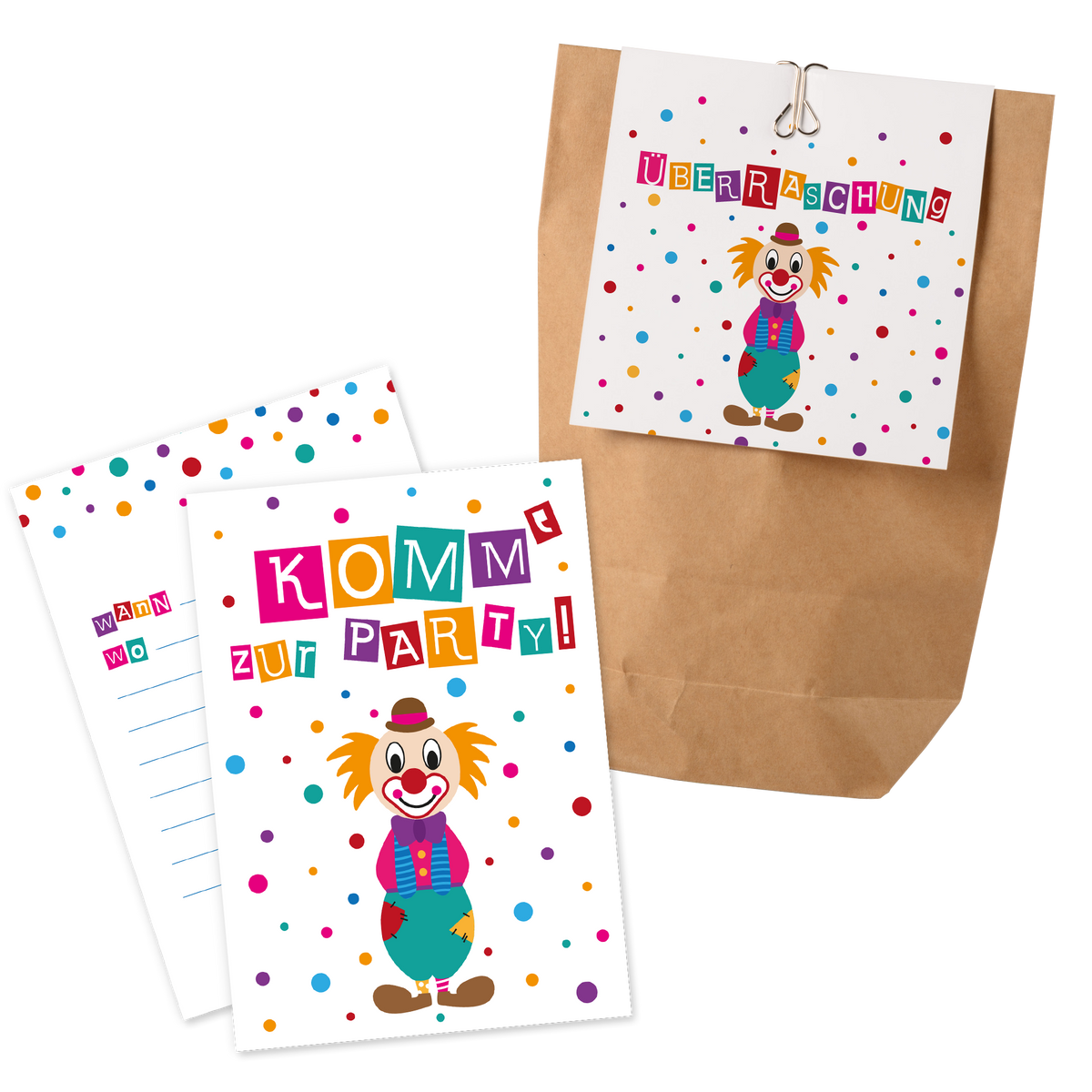 12x "Clown" Einladungskarten + Partytüten - Set