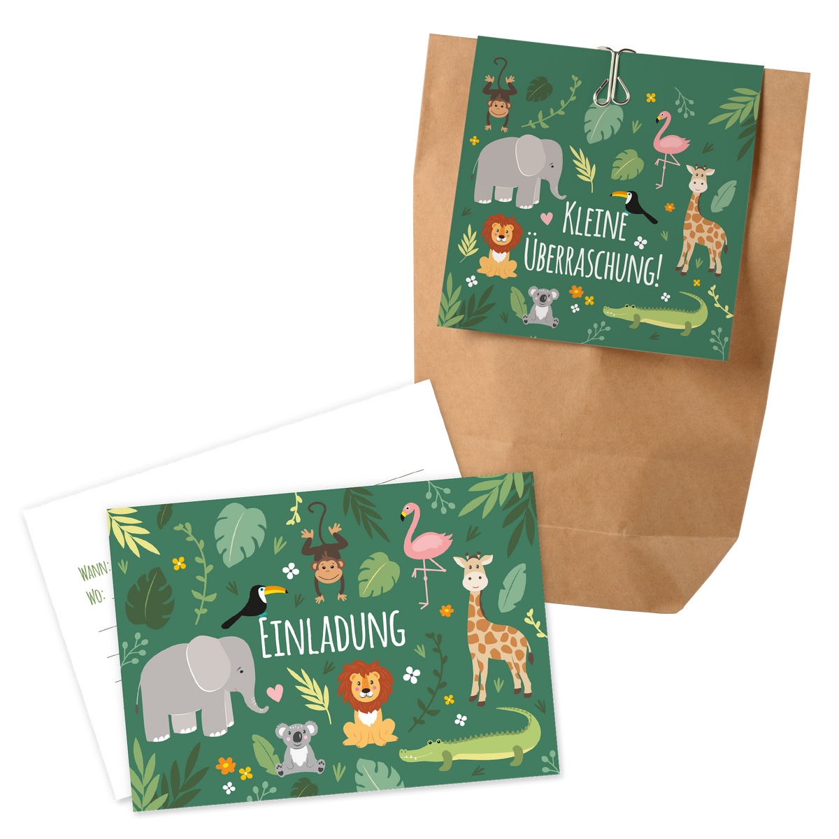 12x "Dschungel / Zoo" Einladungskarten + Partytüten - Set