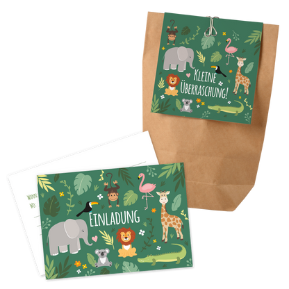12x "Dschungel / Zoo" Einladungskarten + Partytüten - Set