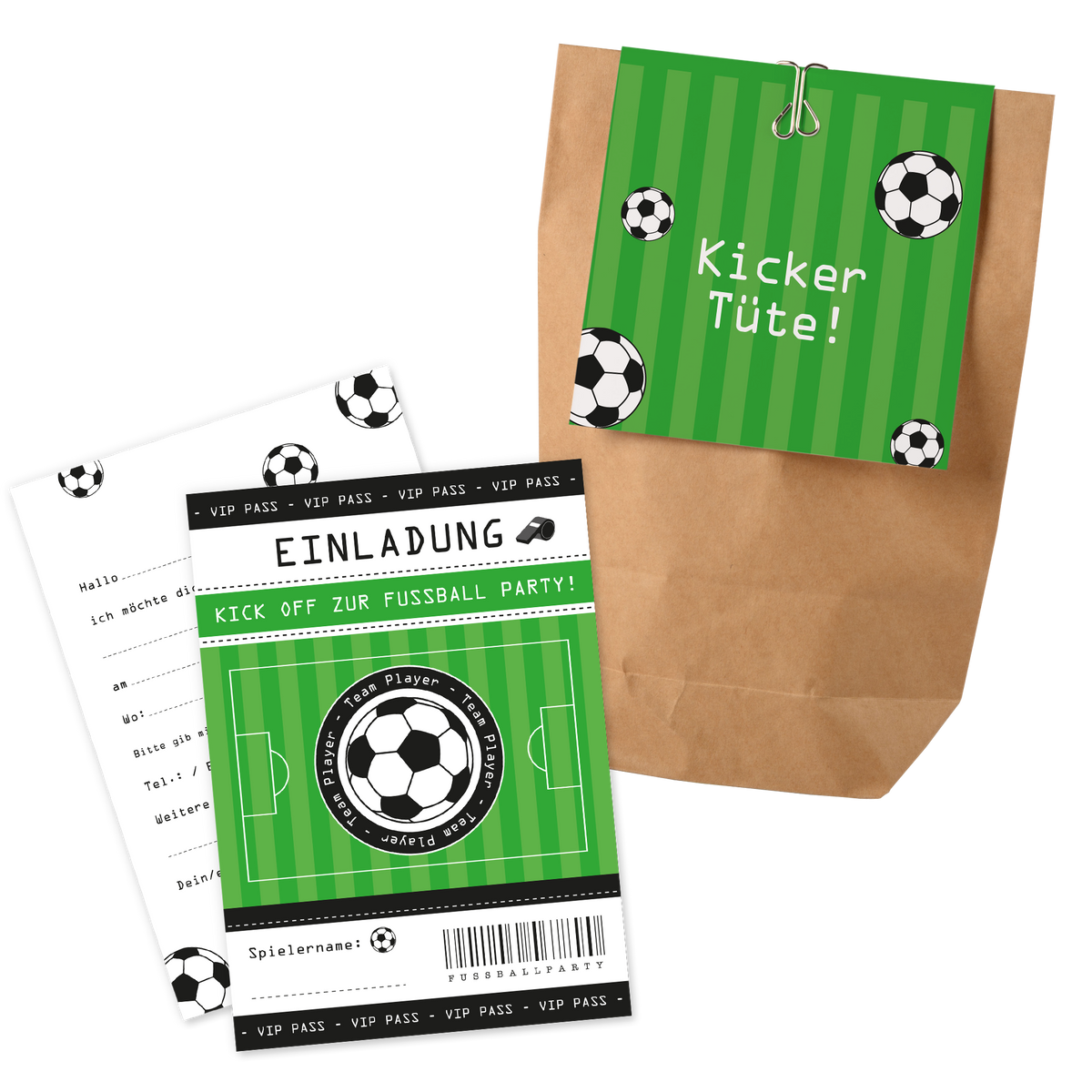 12x "Fußball" Einladungskarten + Partytüten - Set