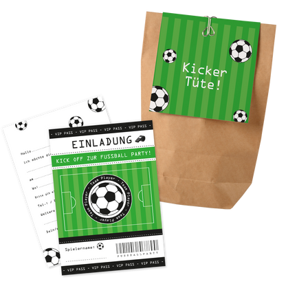 12x "Fußball" Einladungskarten + Partytüten - Set