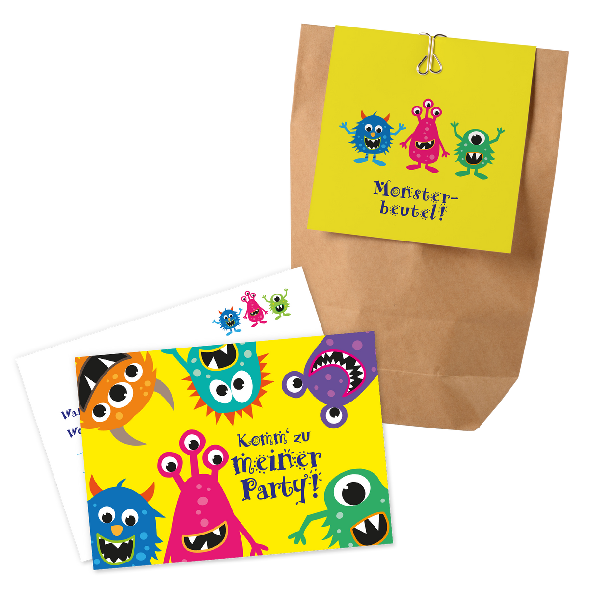 12x "Monster" Einladungskarten + Partytüten - Set