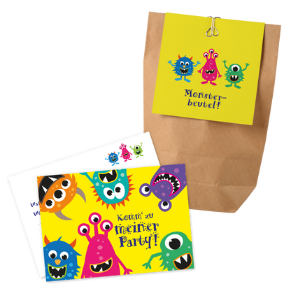 12x "Monster" Einladungskarten + Partytüten - Set