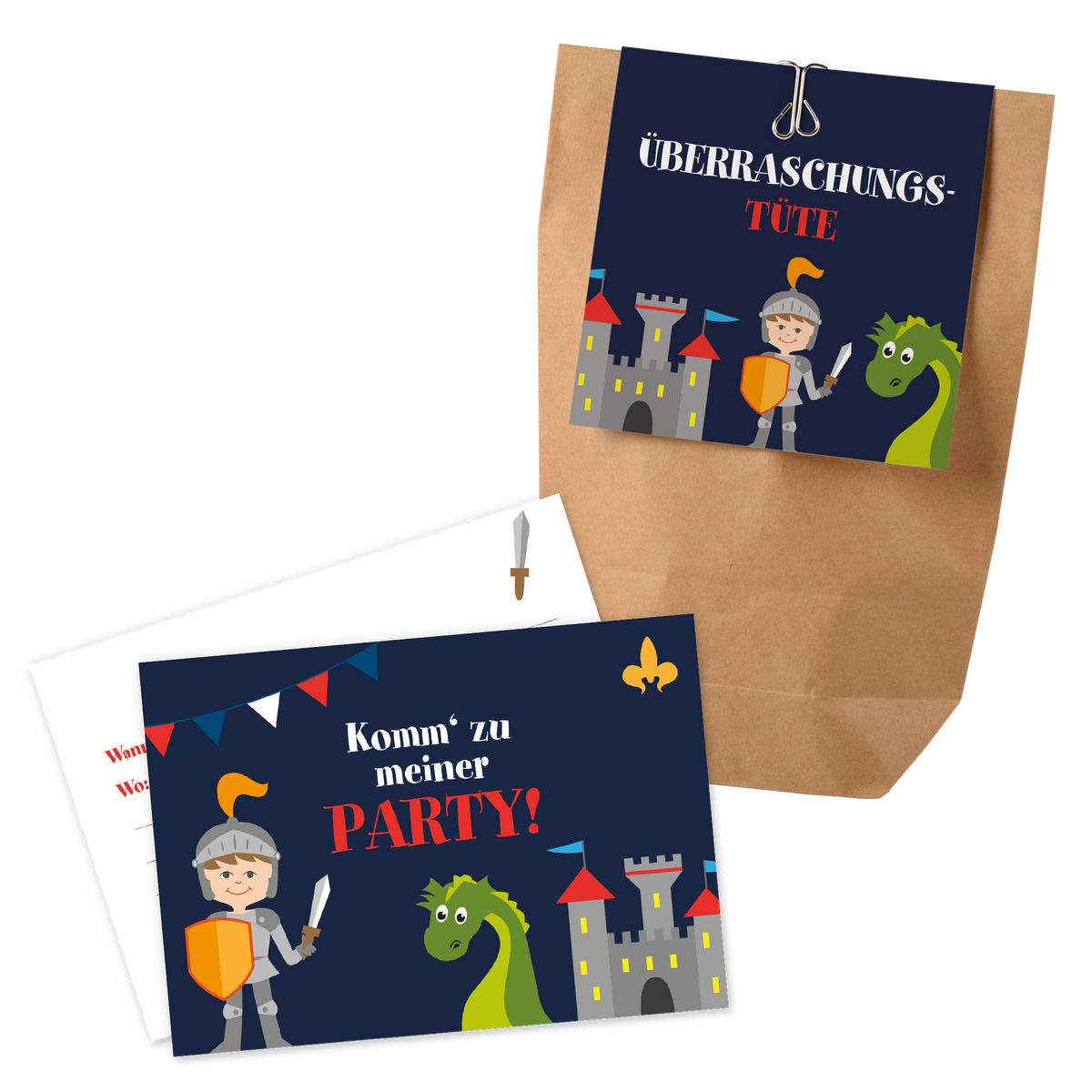 12x "Drachen / Ritter" Einladungskarten + Partytüten - Set
