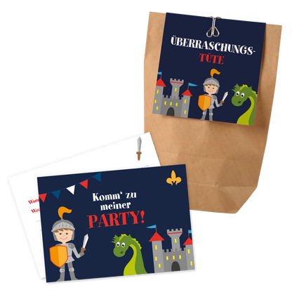 12x "Drachen / Ritter" Einladungskarten + Partytüten - Set