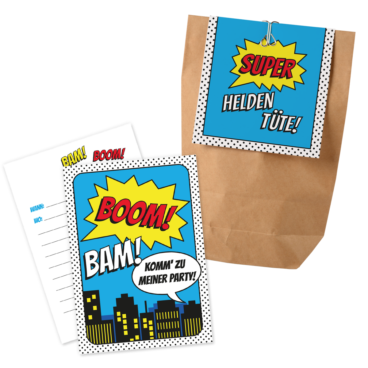 12x "Superhelden" Einladungskarten + Partytüten - Set