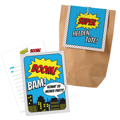 12x "Superhelden" Einladungskarten + Partytüten - Set