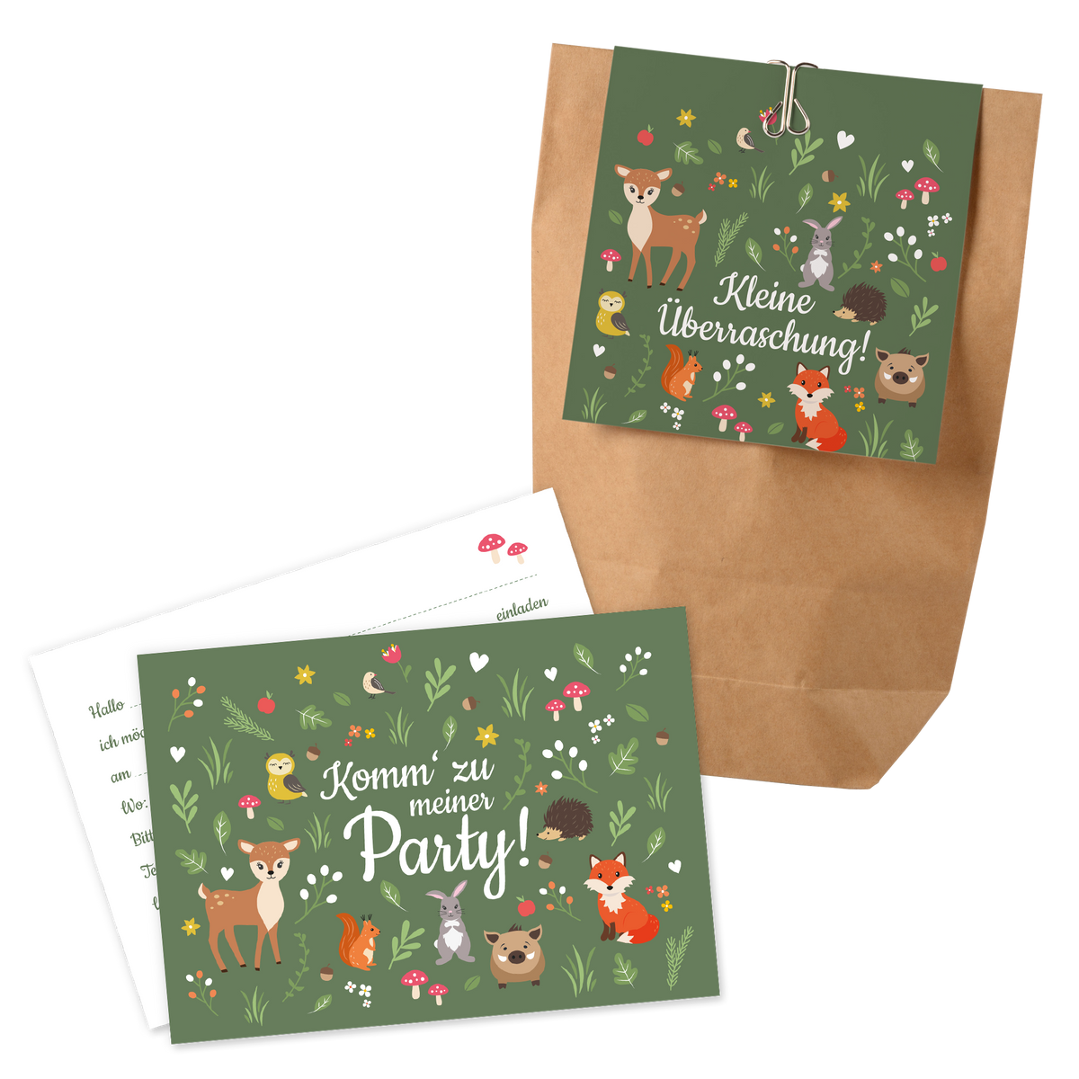 12x "Waldtiere" Einladungskarten + Partytüten - Set