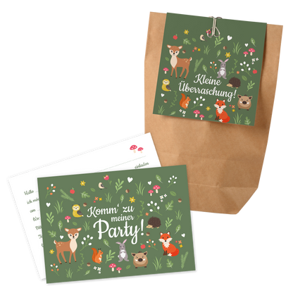 12x "Waldtiere" Einladungskarten + Partytüten - Set