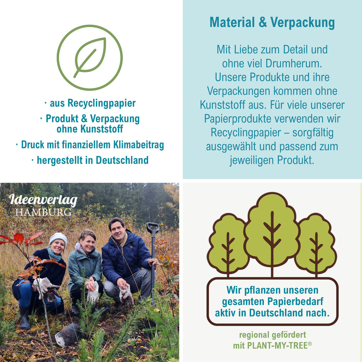 Ideenverlag Hamburg Nachhaltigkeit: Umweltfreundliche Verpackung aus Recyclingpapier und Baumpflanz-Aktion in Deutschland.