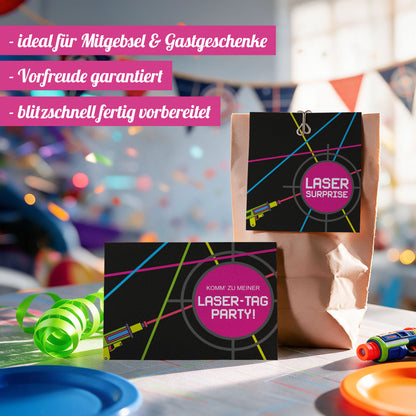 12x "Lasertag" Einladungskarten + Partytüten - Set