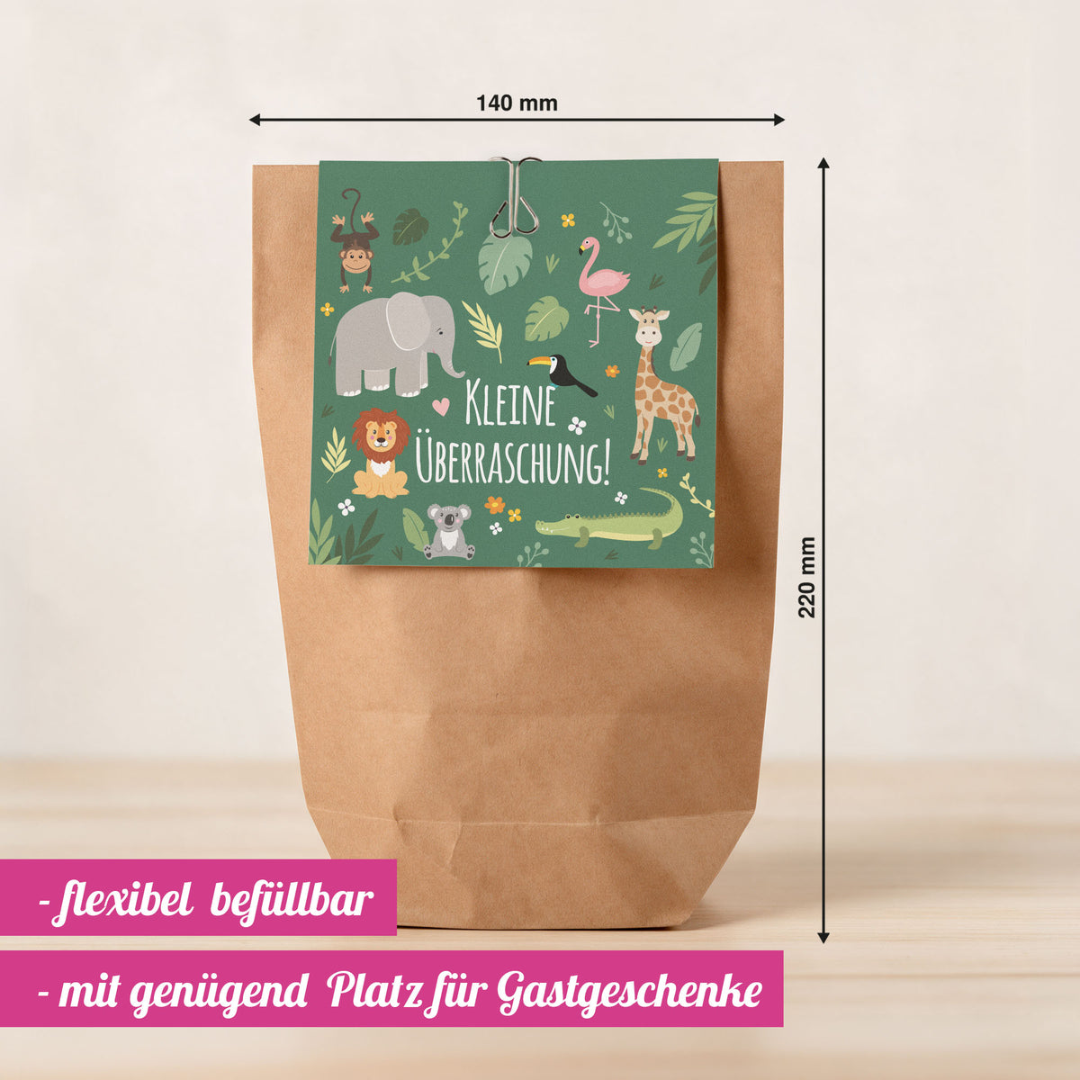 12x "Dschungel / Zoo" Einladungskarten + Partytüten - Set