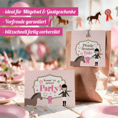 12x "Pferde" Einladungskarten + Partytüten - Set
