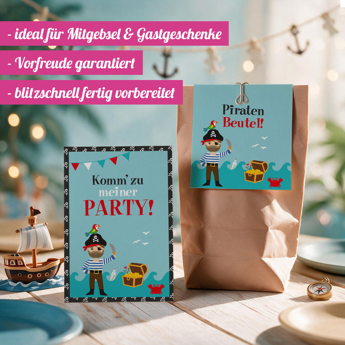 12x "Piraten" Einladungskarten + Partytüten - Set