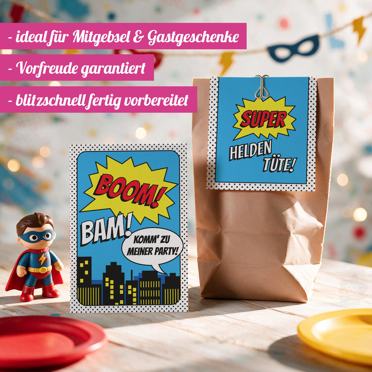 12x "Superhelden" Einladungskarten + Partytüten - Set
