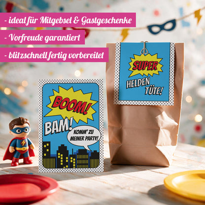 12x "Superhelden" Einladungskarten + Partytüten - Set