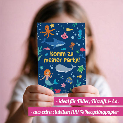 12x "Tiefsee / Meerjungfrauen" Einladungskarten + Partytüten - Set