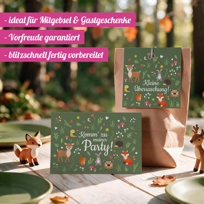 12x "Waldtiere" Einladungskarten + Partytüten - Set