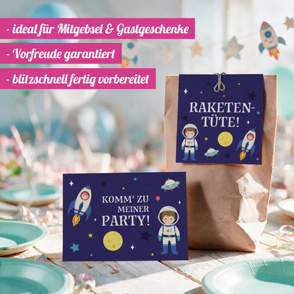12x "Weltraum" Einladungskarten + Partytüten - Set