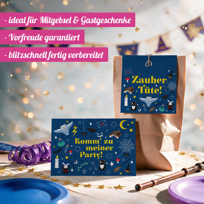 12x "Zaubereule" Einladungskarten + Partytüten - Set