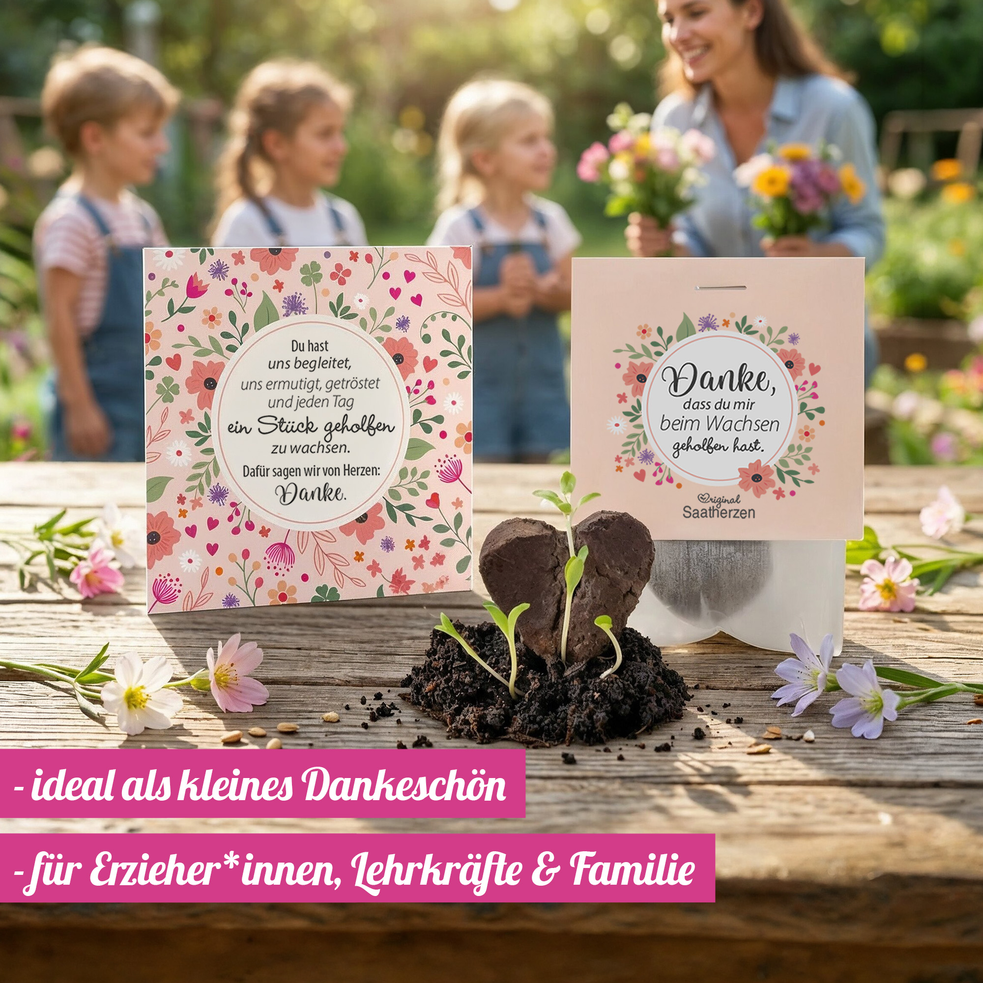 Danke dass du mir beim Wachsen geholfen hast Saatherz mit Grußkarte und Kindern im Hintergrund
