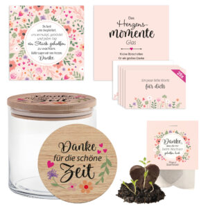 Gedankenglas Herzensmomente freigestellt mit Anleitung, Geschenkkarte, Saatherz und Wunschkarten