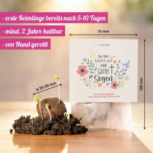 Blühsegen Samenbombe mit Produktmaßen als Taufgeschenk